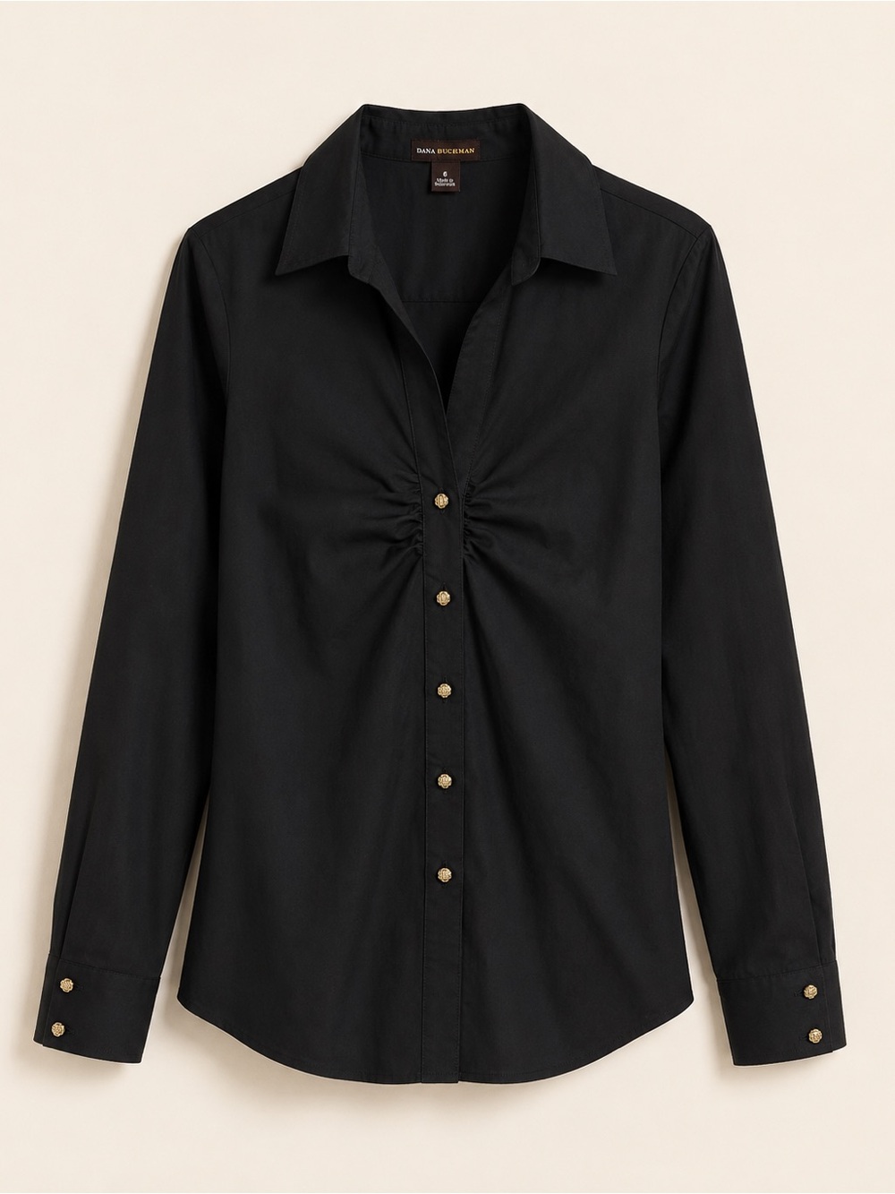Dana Buchman Black Ruched Button Front Stretch Shirt Size 6 Cotton Blend Career